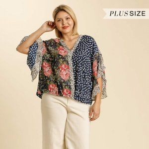 Umgee Plus Navy Mix Print Split Ruffle Sleeve Top